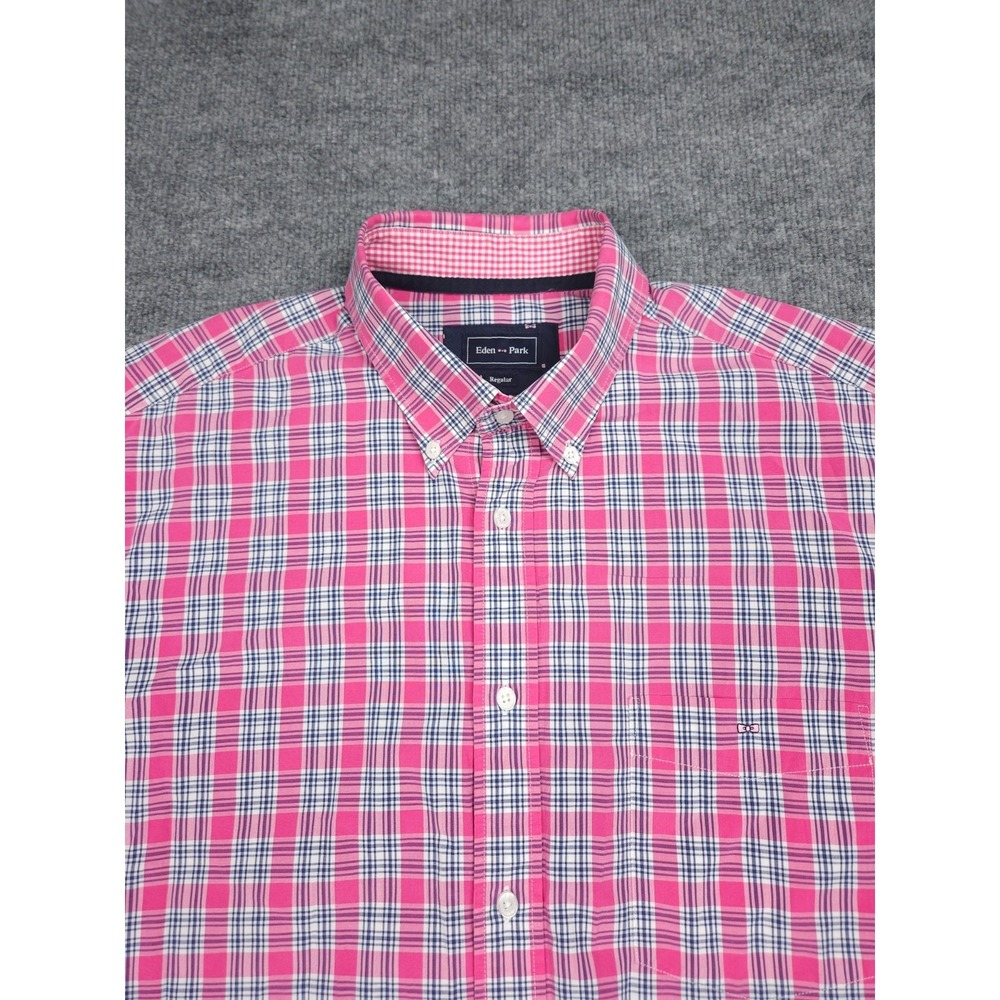 Eden Park Button Up Shirt Men's XXL (50" Chest) Pink Plaid Oxford Cotton